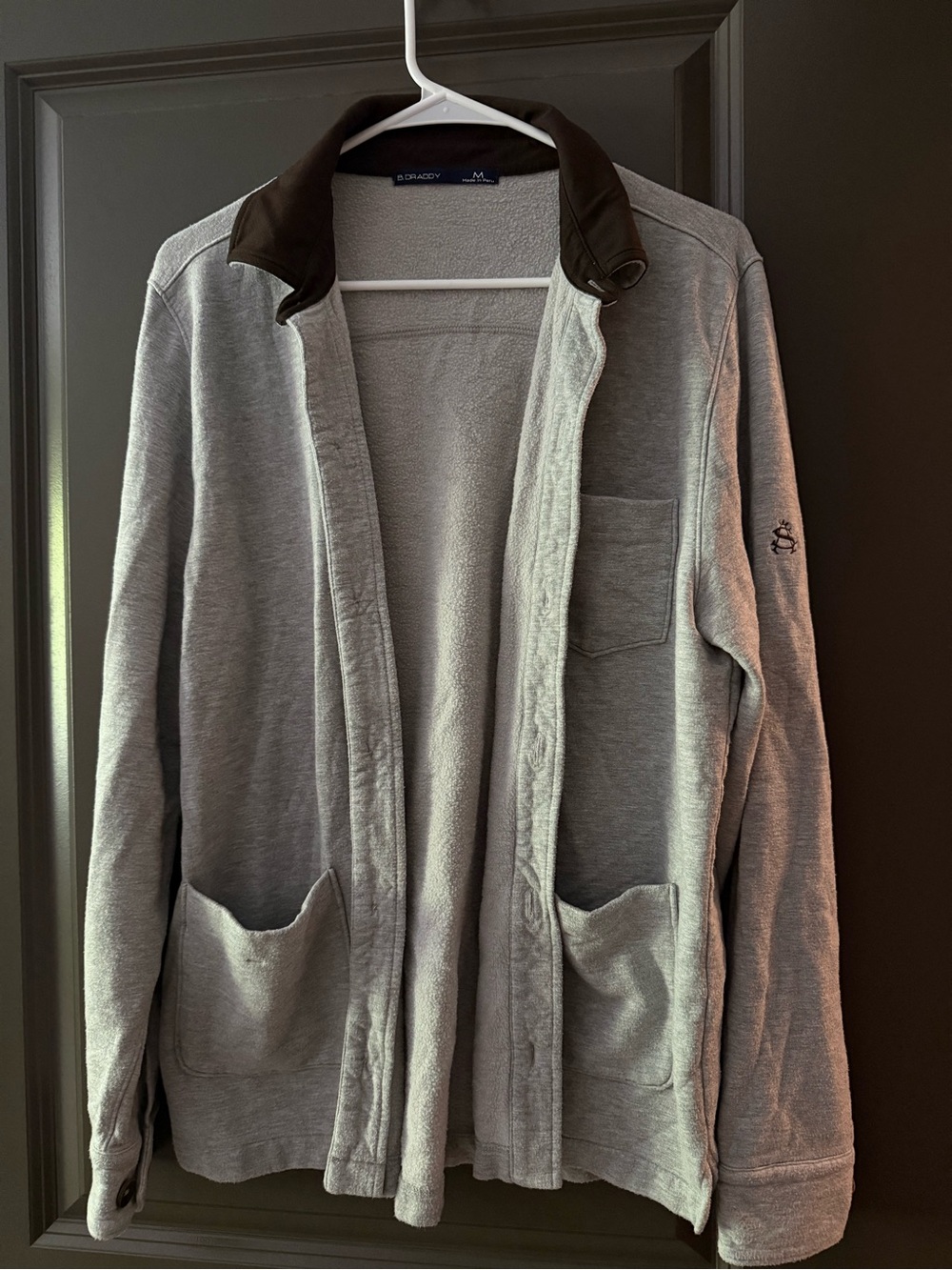 Men's Gray Cardigan with Brown Collar - Casual Open-Front Layering
